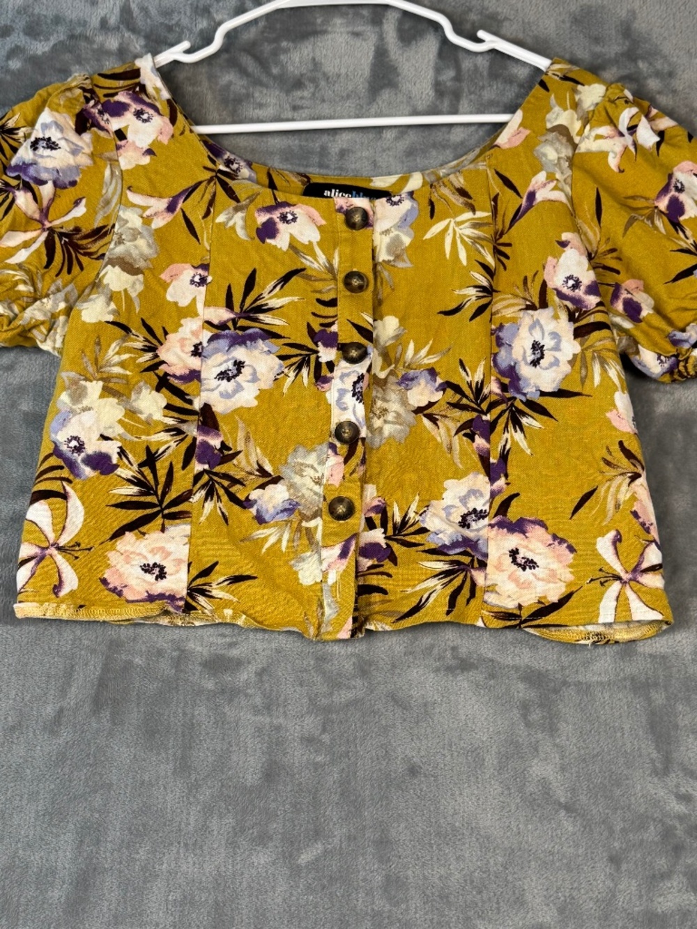 Alice Blue Linen Blend Floral Button Front Crop Top Mustard Yellow Large